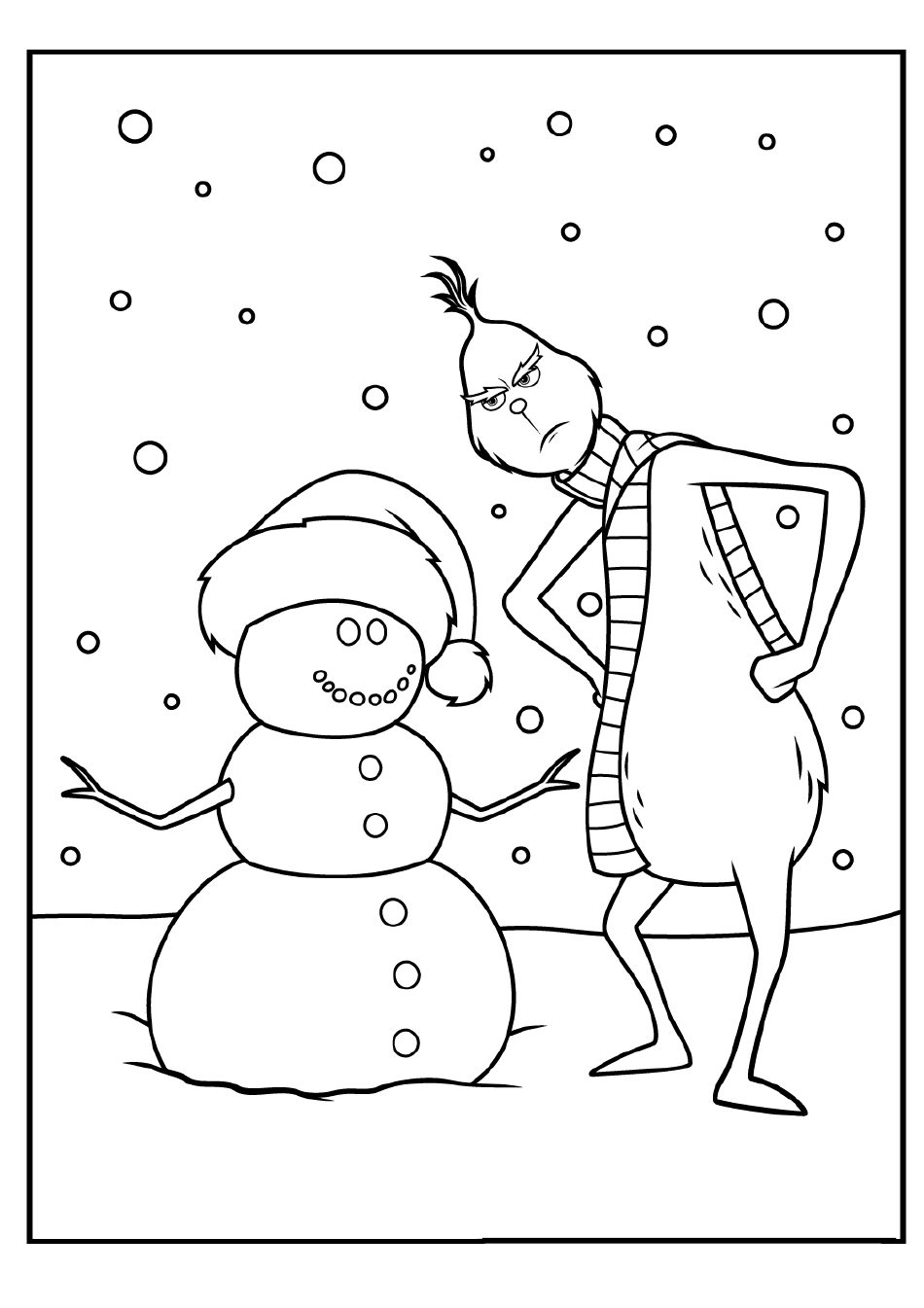 Grinch Breathtaking Coloring Page - Snowman and Grinch Standing Together