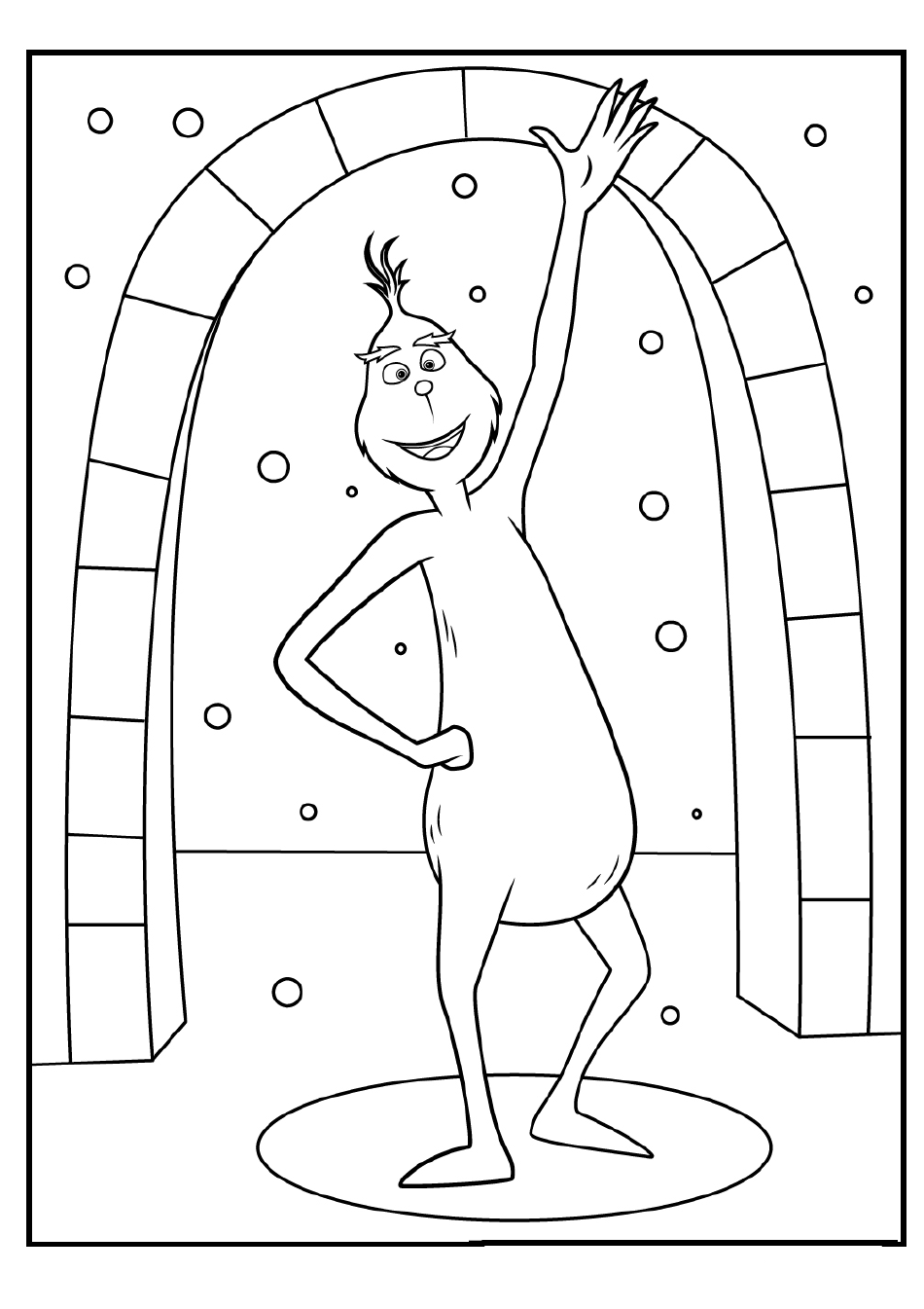 Grinch coloring pages featuring the mischievous Grinch character engaging in festive activities.