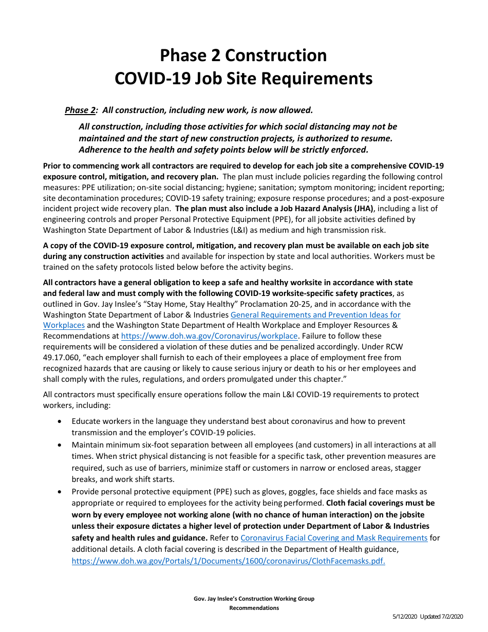 Phase 2 Construction Covid-19 Job Site Requirements - Washington, Page 1