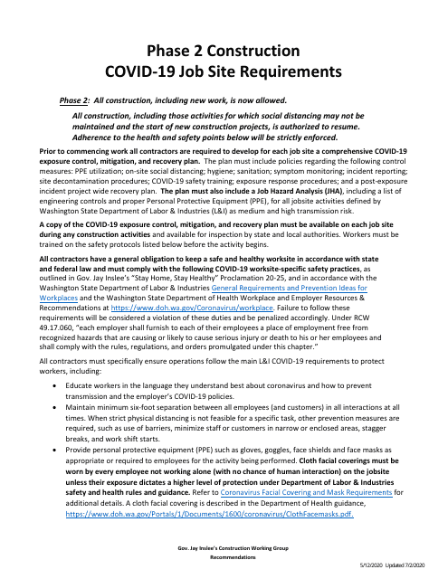 Phase 2 Construction Covid-19 Job Site Requirements - Washington