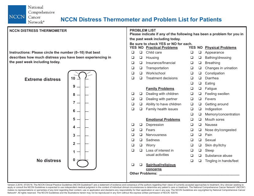 Nccn Distress Thermometer and Problem List for Patients