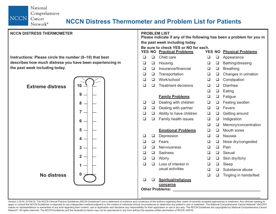 Nccn Distress Thermometer And Problem List For Patients Print Big 