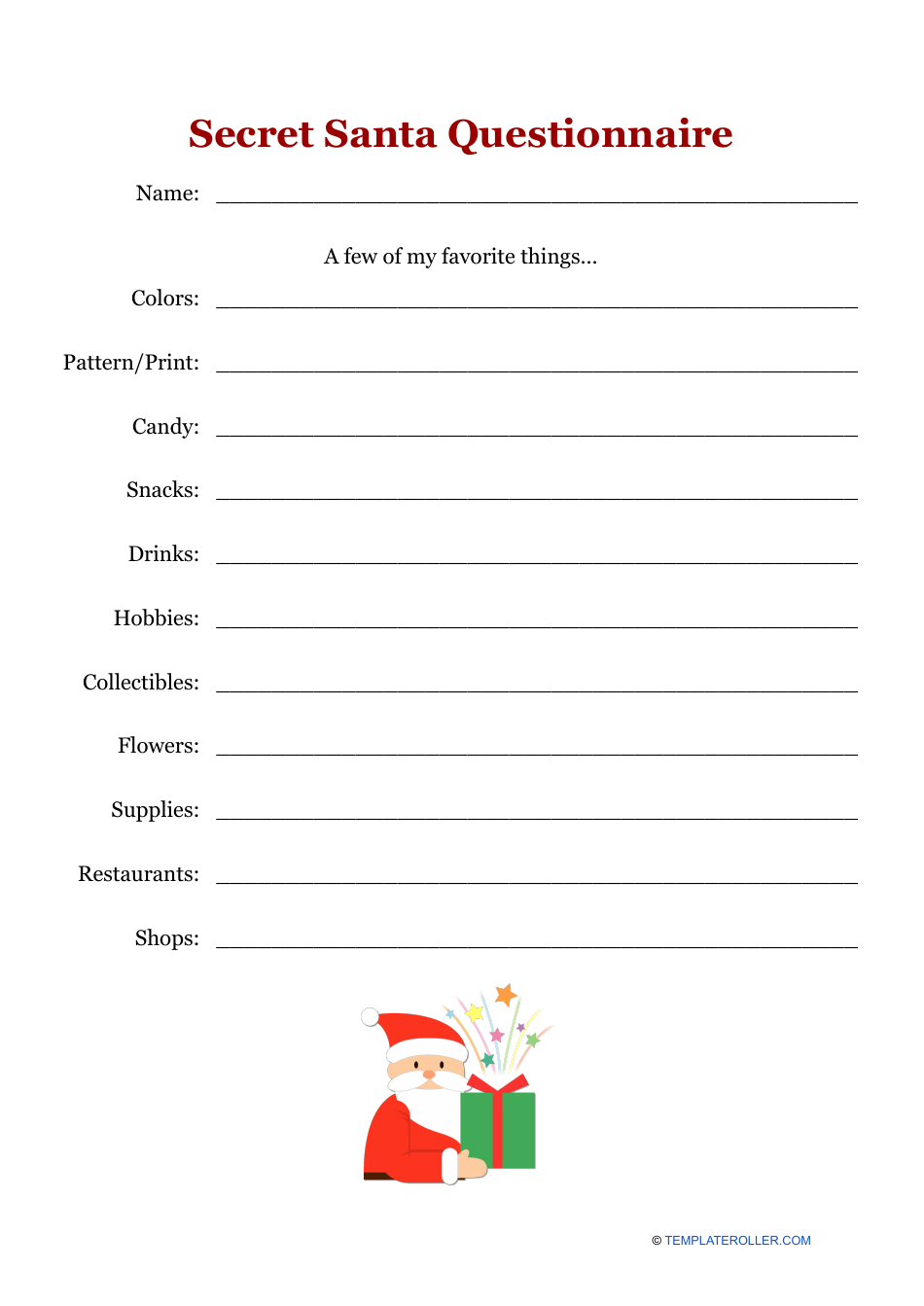 Secret Santa Questionnaire Template - Red Download Printable Pdf 