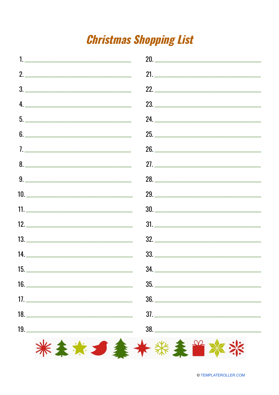 Christmas Shopping List Template with Thirty Eight Points