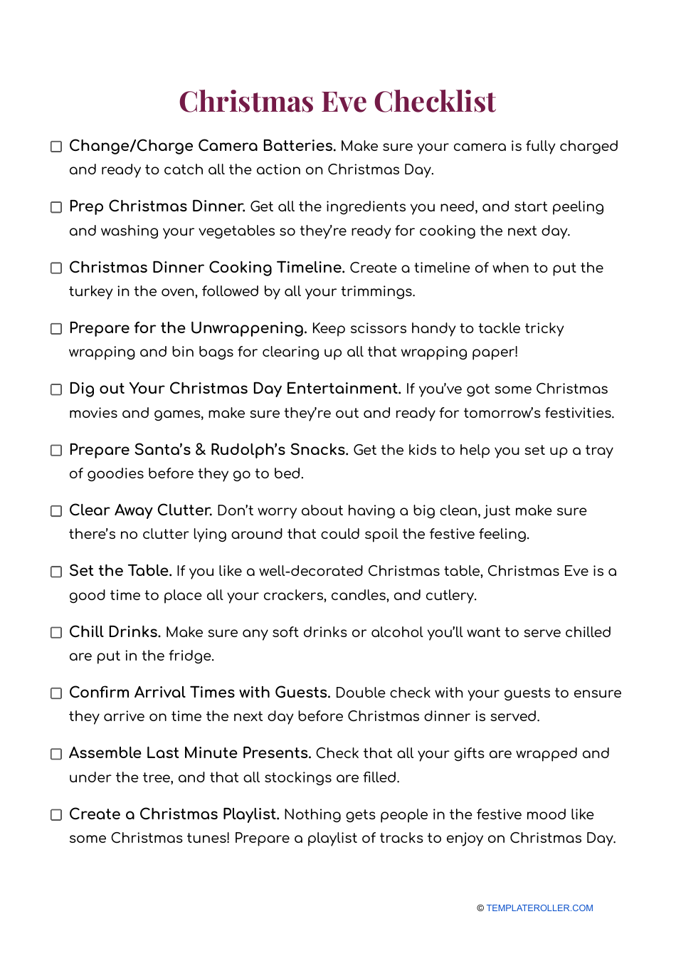 Christmas Eve Checklist Template - Printable Image