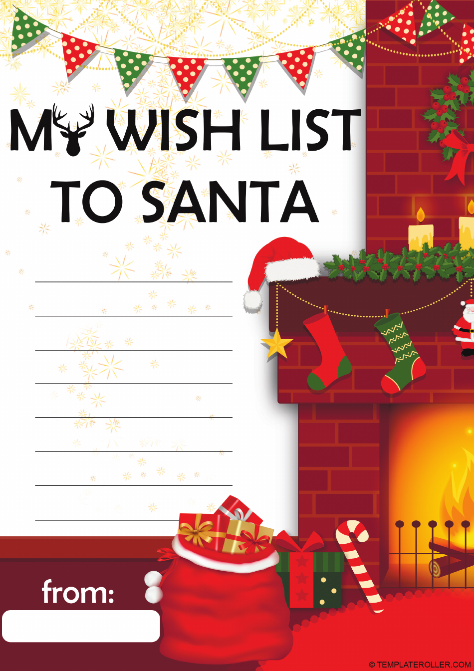 Christmas Wish List template with stars and blue background.