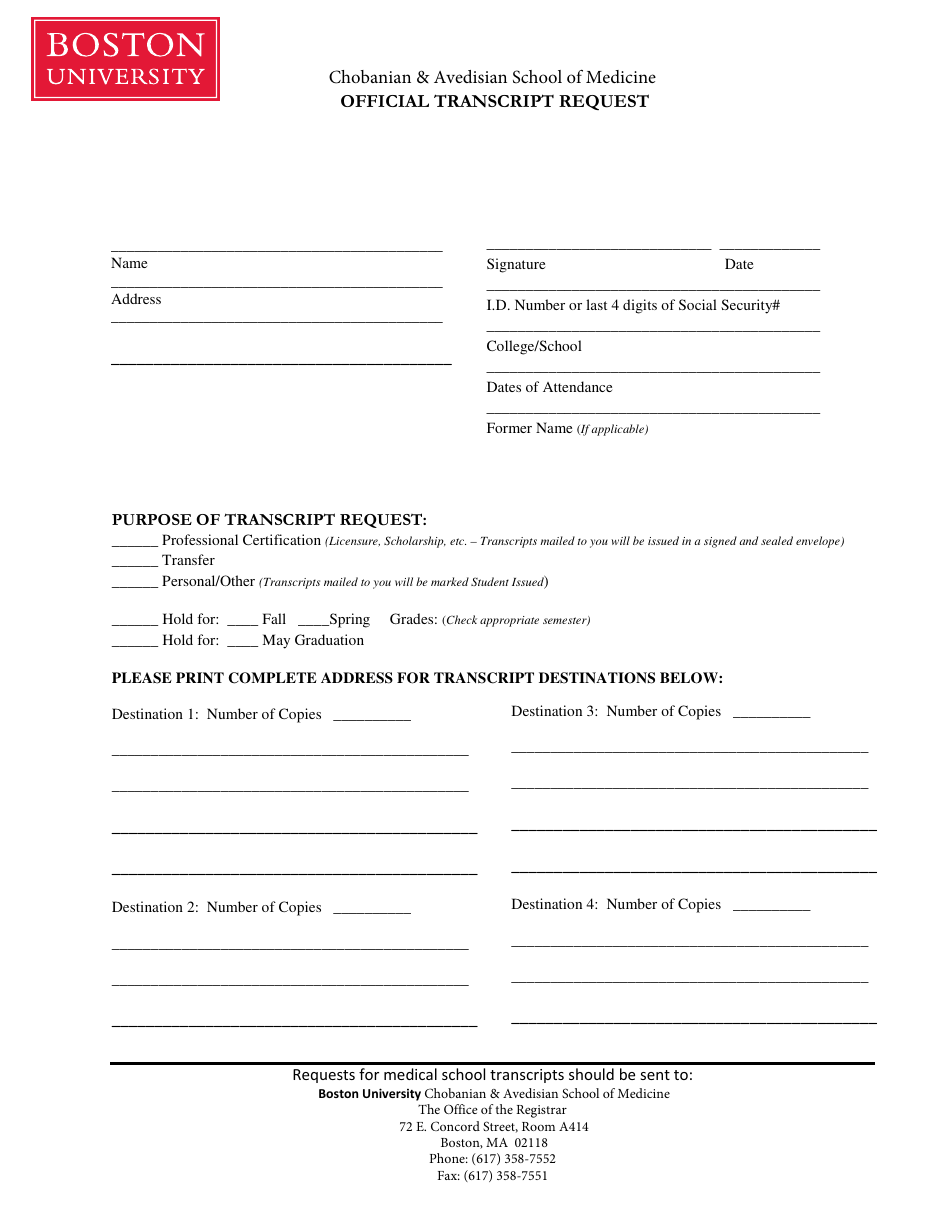 Massachusetts official transcript request boston university download