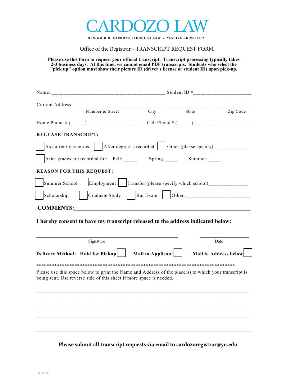 Transcript Request Form - Yeshiva University - New York City, Page 1