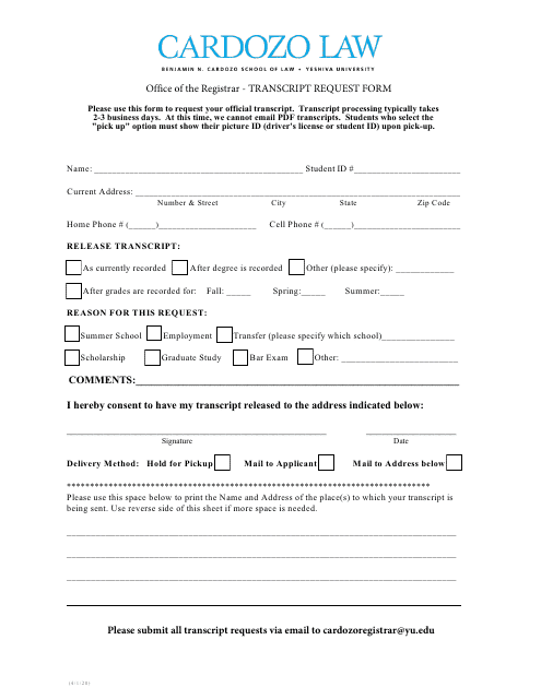 Transcript Request Form - Yeshiva University - New York City