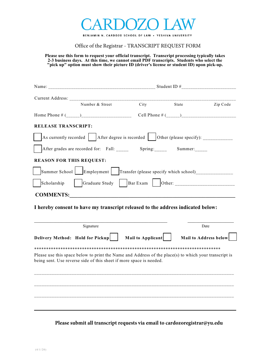 New York City Transcript Request Form - Yeshiva University - Fill Out ...