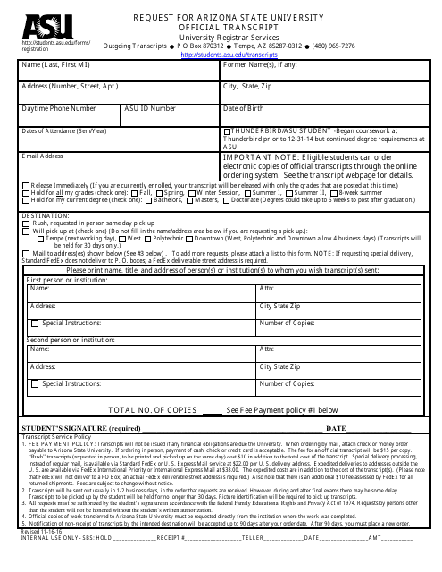 Request for Official Transcript - Arizona State University - Arizona
