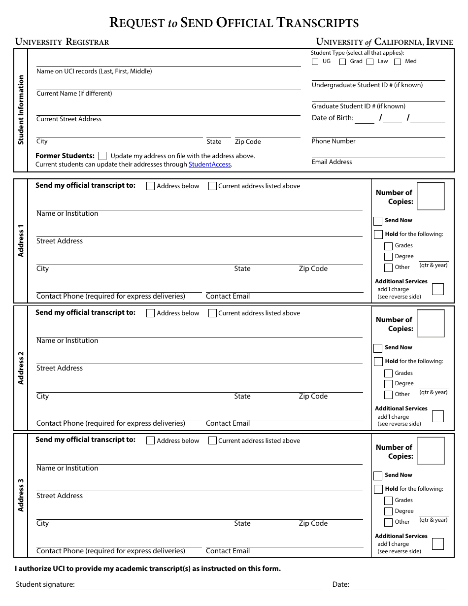 California Request to Send Official Transcripts University of California, Irvine Download