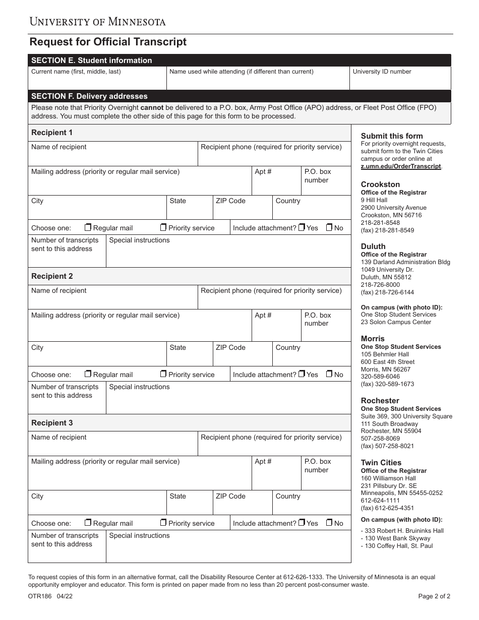 Request for Official Transcript - University of Minnesota - Minnesota, Page 2