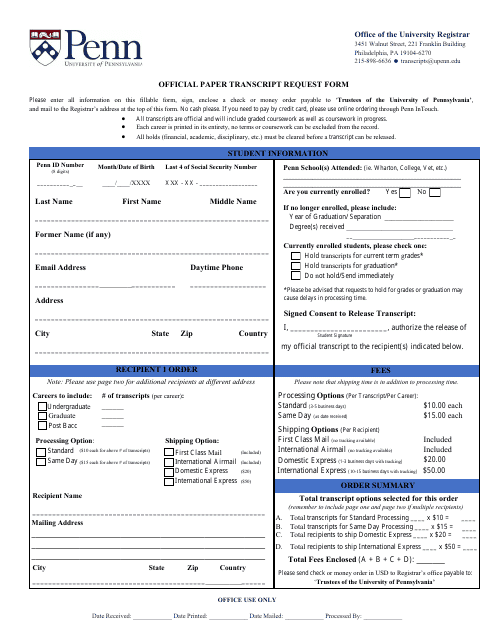 Official Paper Transcript Request Form - University of Pennsylvania - Pennsylvania Download Pdf