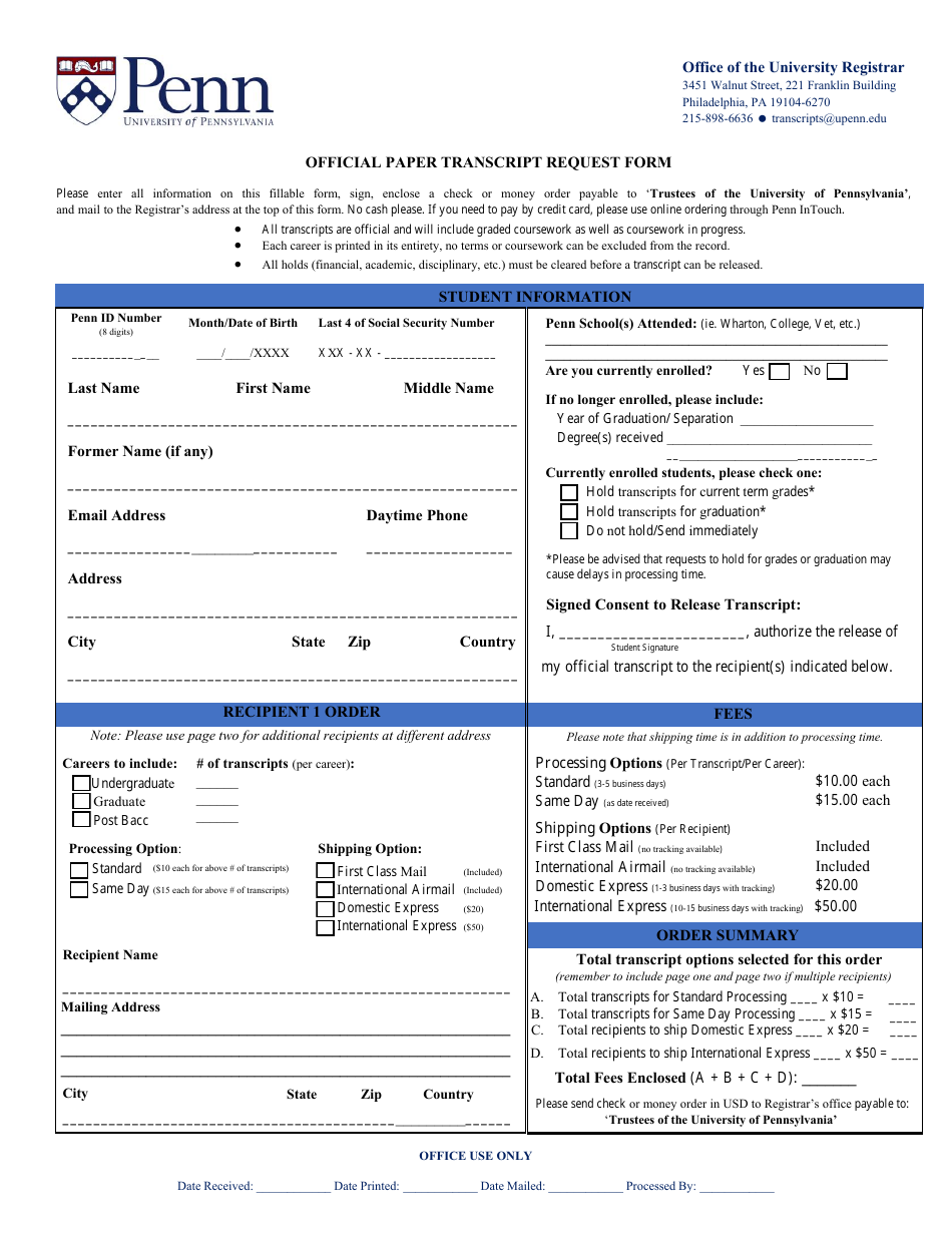 Official Paper Transcript Request Form - University of Pennsylvania - Pennsylvania, Page 1