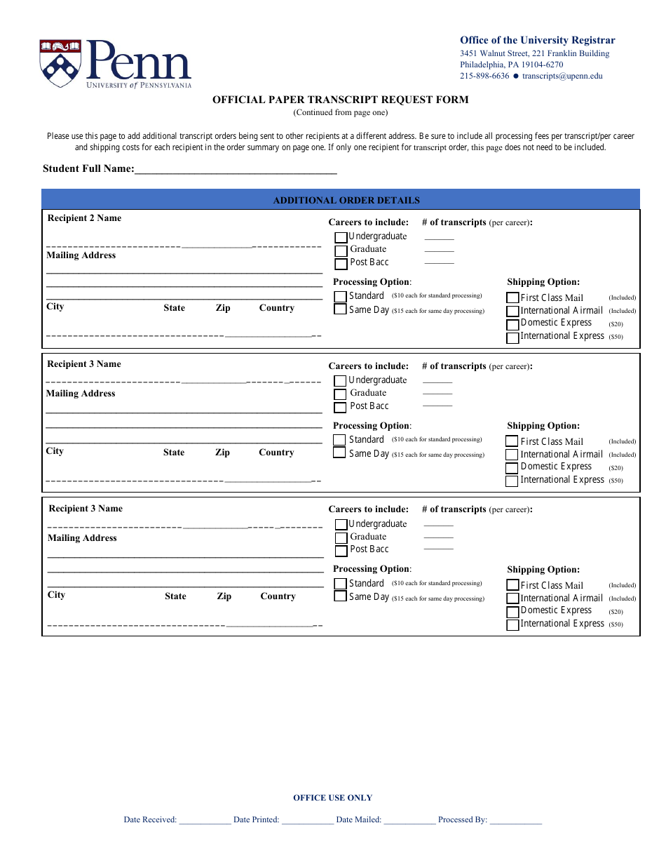 Pennsylvania Official Paper Transcript Request Form - University of ...