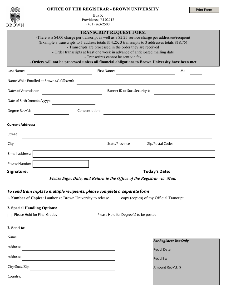 Transcript Request Form - Brown University - Rhode Island, Page 1