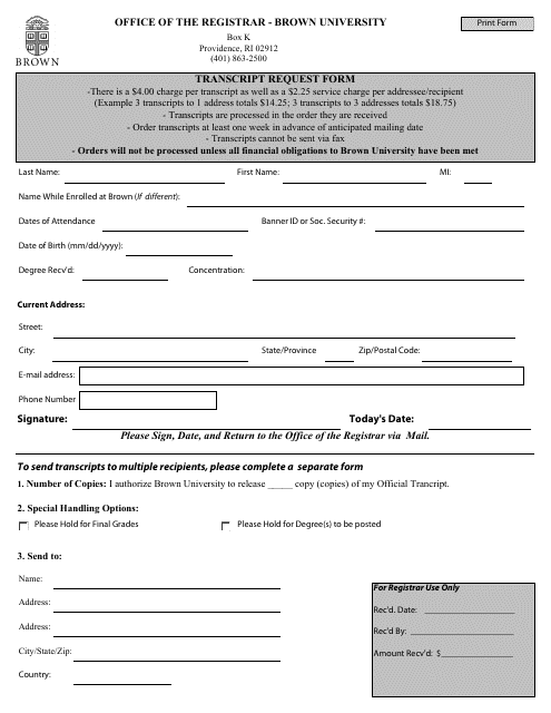 Transcript Request Form - Brown University - Rhode Island Download Pdf