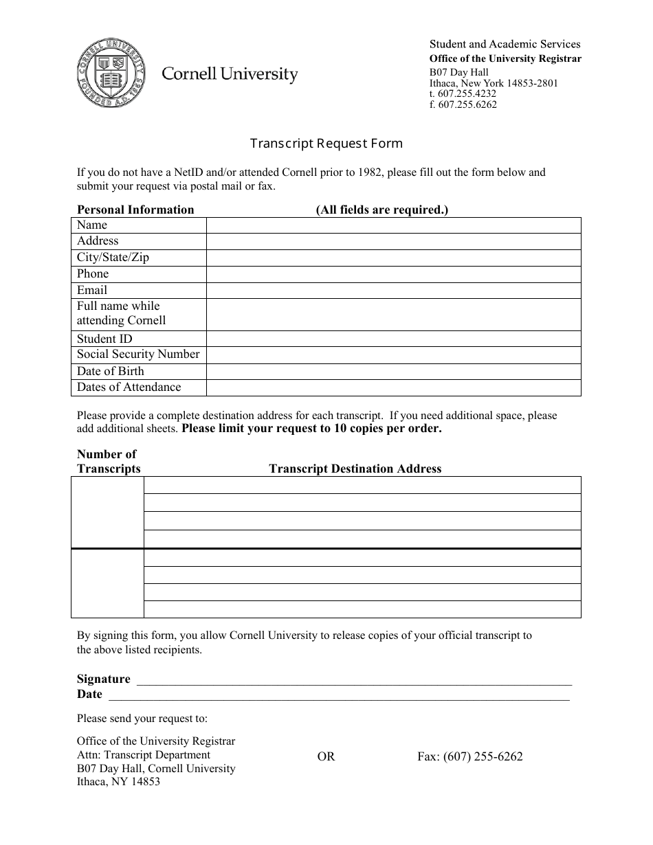 Transcript Request Form - Cornell University - New York, Page 1