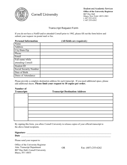 Transcript Request Form - Cornell University - New York Download Pdf