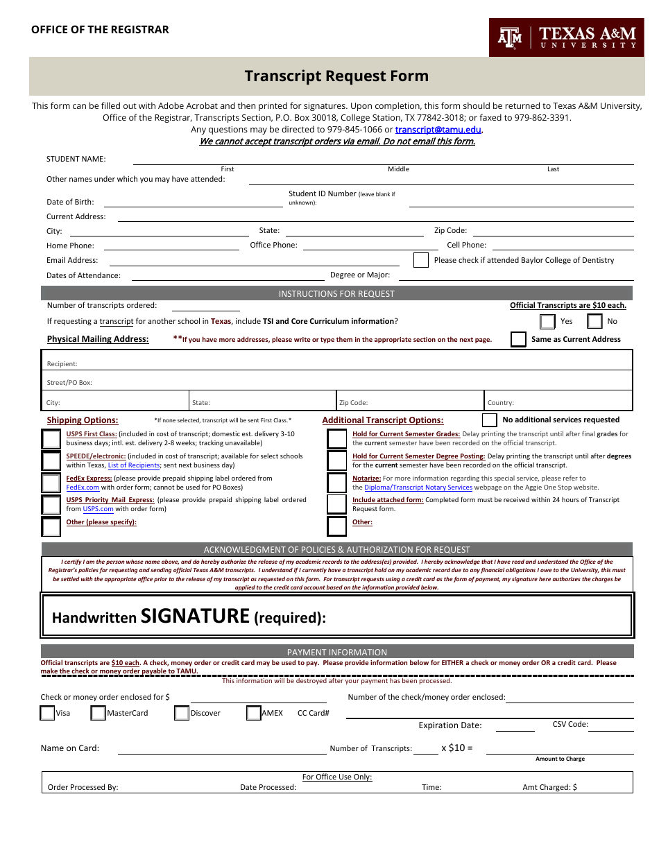 Transcript Request Form - Texas am University - Texas, Page 2
