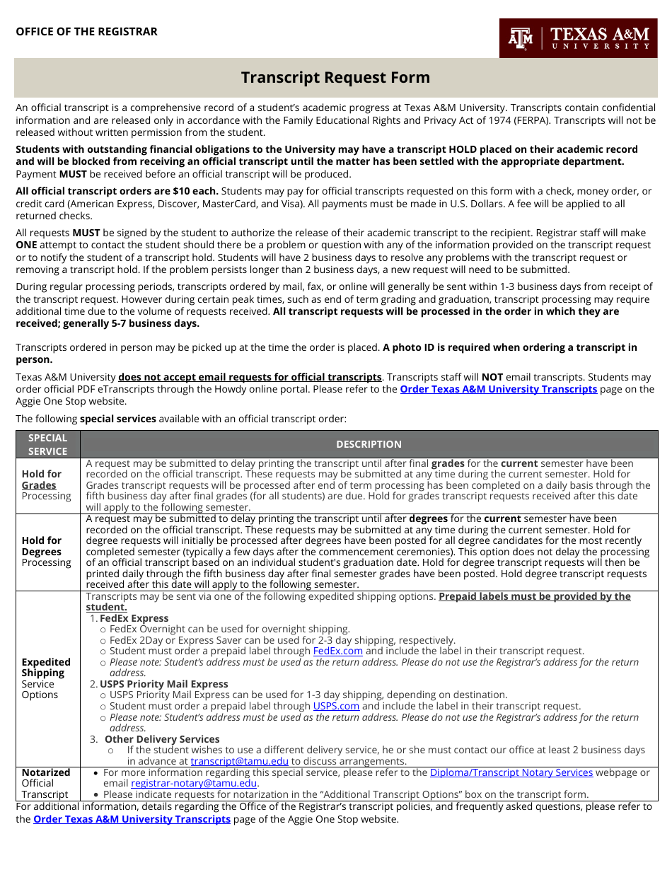 Texas Transcript Request Form - Texas a&m University - Fill Out, Sign ...