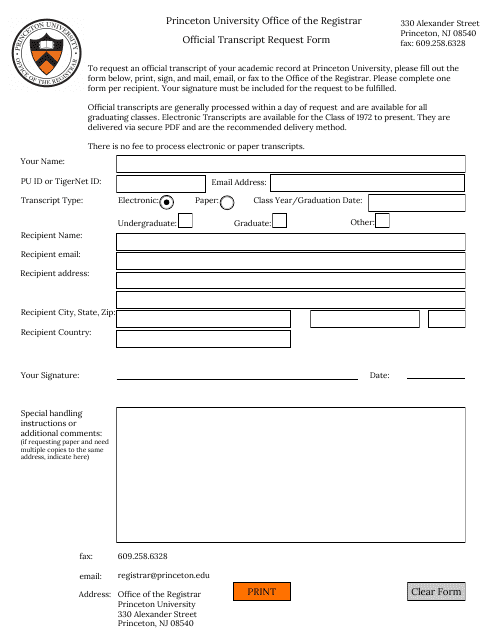 Official Transcript Request Form - Princeton University - New Jersey Download Pdf