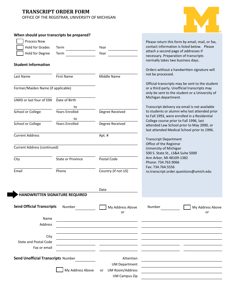 Transcript Order Form - University of Michigan - Michigan, Page 1