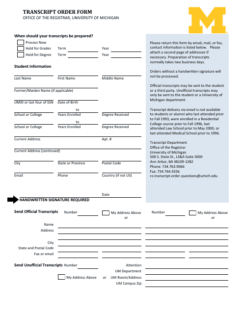 Transcript Order Form - University of Michigan - Michigan