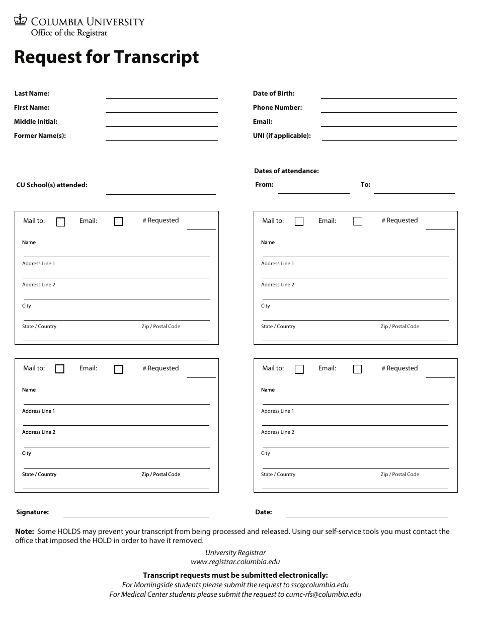 New York City Request for Transcript - Columbia University Download ...
