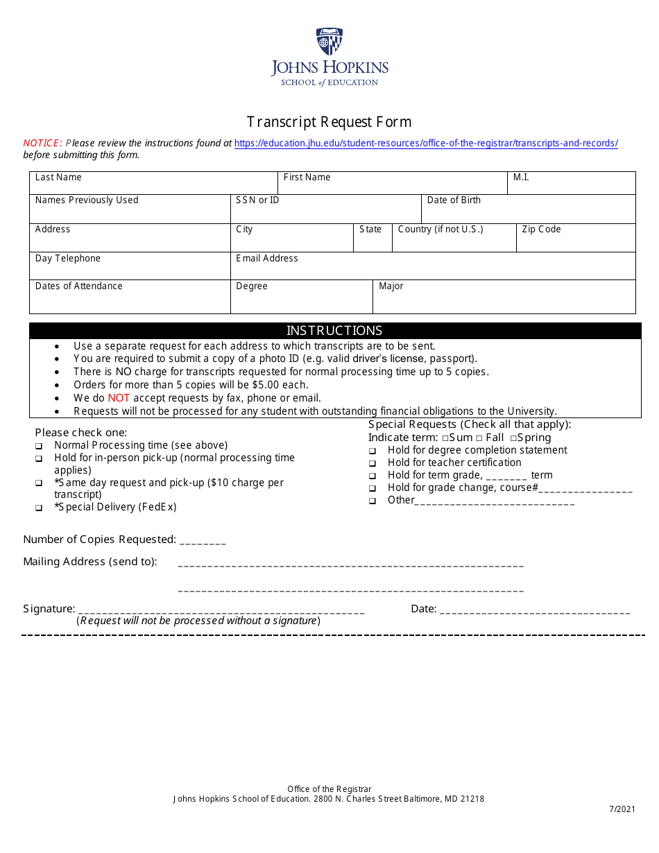 Transcript Request Form - Johns Hopkins School of Education - Maryland, Page 1