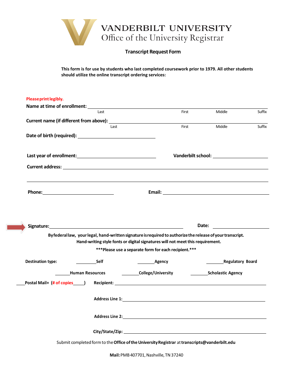 Transcript Request Form - Vanderbilt University - Tennessee, Page 1