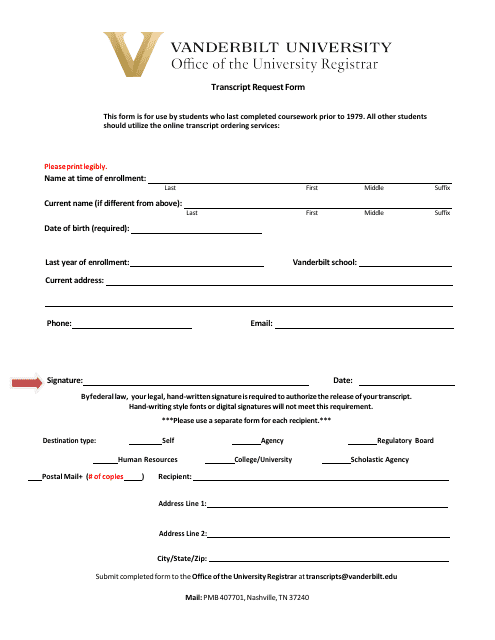 Transcript Request Form - Vanderbilt University - Tennessee