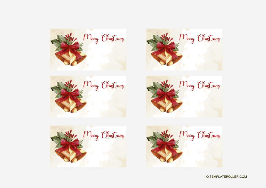 Closeup of Christmas place cards featuring the text "Merry Christmas," surrounded by holiday themed illustrations and festive patterns.