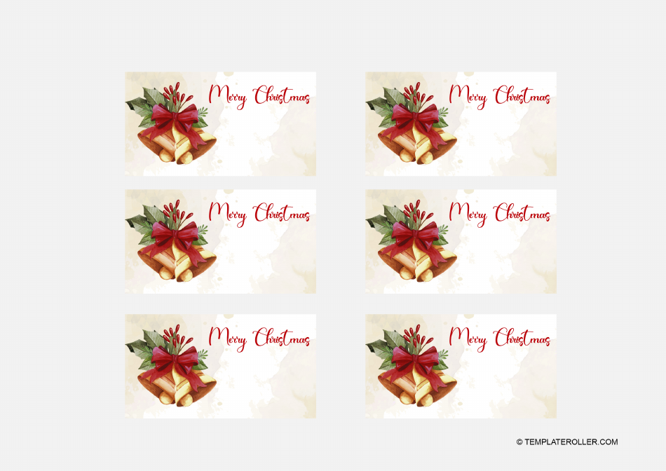 Closeup of Christmas place cards featuring the text "Merry Christmas," surrounded by holiday themed illustrations and festive patterns.