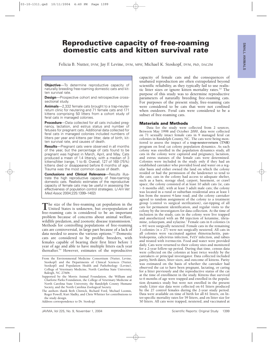 Reproductive Capacity of Free-Roaming Domestic Cats and Kitten Survival Rate - Document Preview