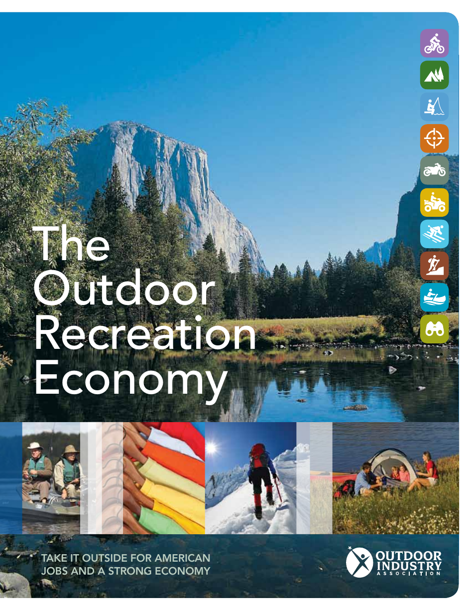 A panoramic view of a vibrant outdoor setting with adventurous individuals engaging in various recreational activities representing the outdoor recreation economy.