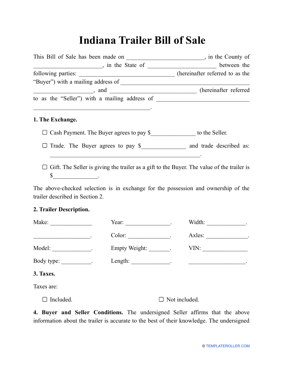 Trailer Bill of Sale Template - Indiana, Page 1