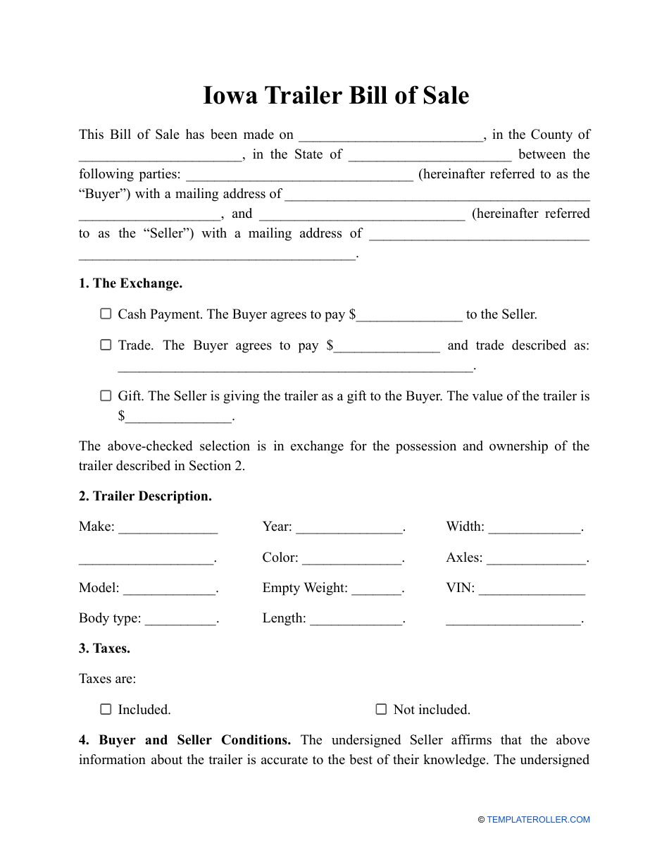 Iowa Trailer Bill Of Sale Template - Fill Out, Sign Online And Download 