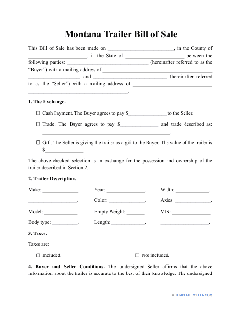 Montana Trailer Bill of Sale Template Fill Out, Sign Online and