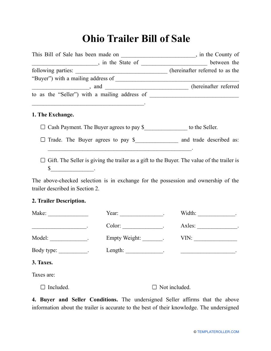 Ohio Trailer Bill of Sale Template - Fill Out, Sign Online and Download ...