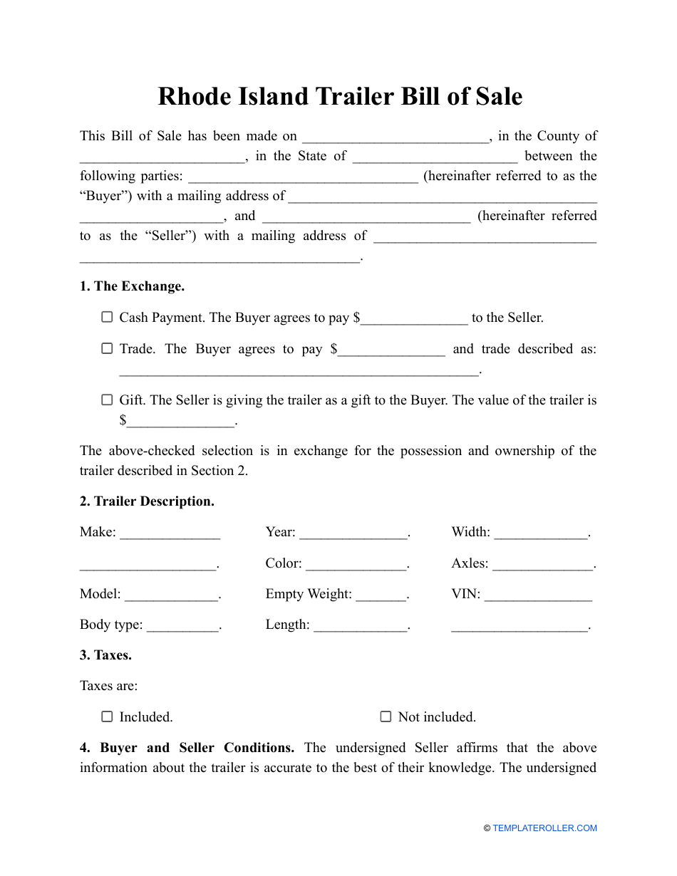 Rhode Island Trailer Bill of Sale Template Fill Out, Sign Online and