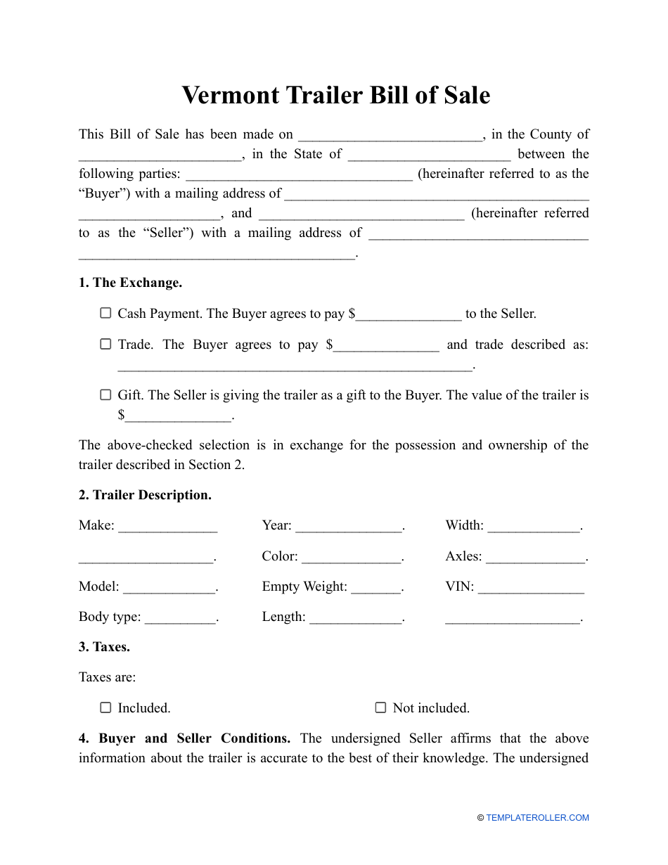 Vermont Trailer Bill of Sale Template Fill Out, Sign Online and