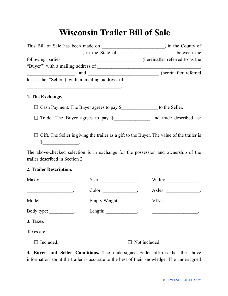 Trailer Bill of Sale Template - Wisconsin, Page 1
