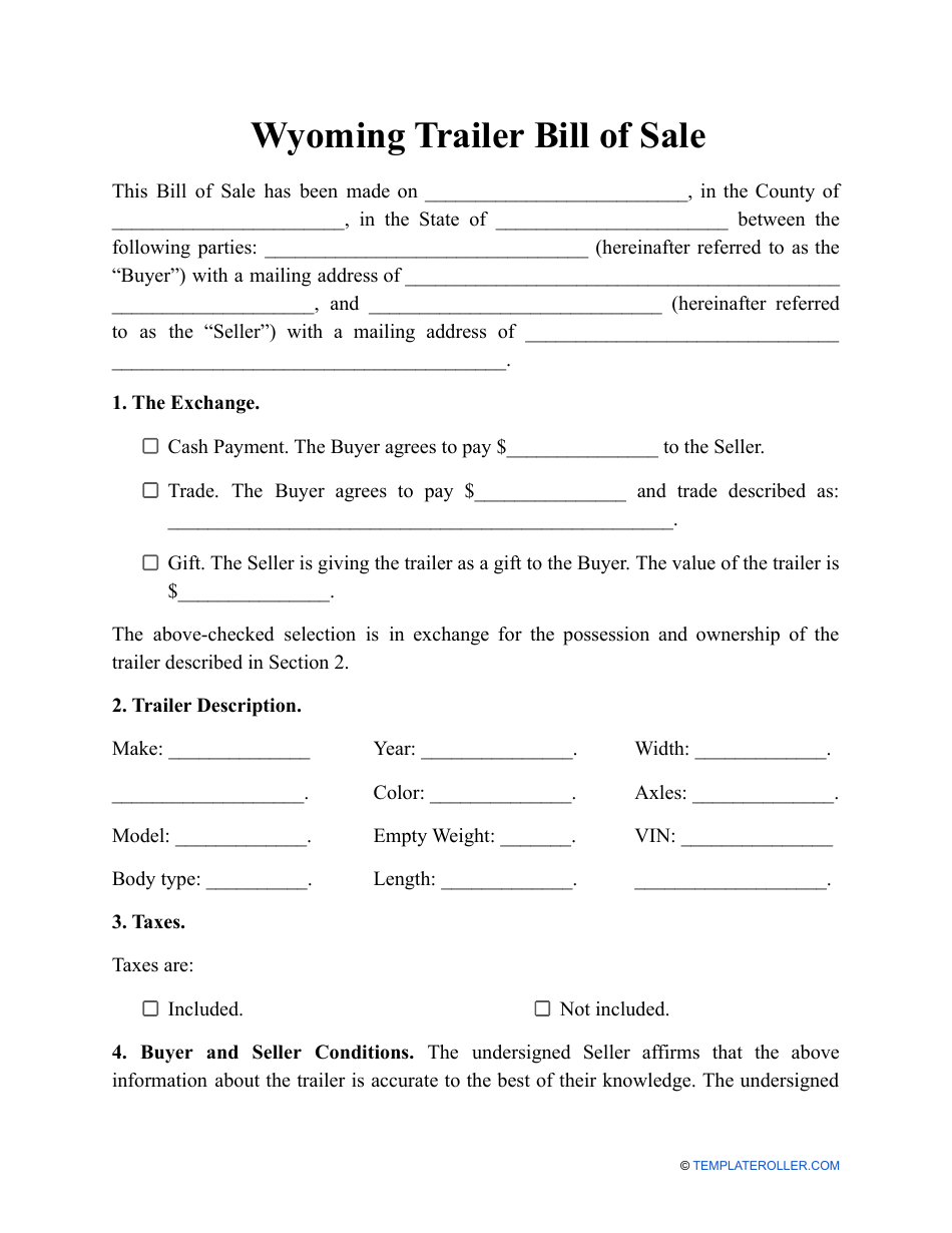 Wyoming Trailer Bill of Sale Template - Fill Out, Sign Online and ...