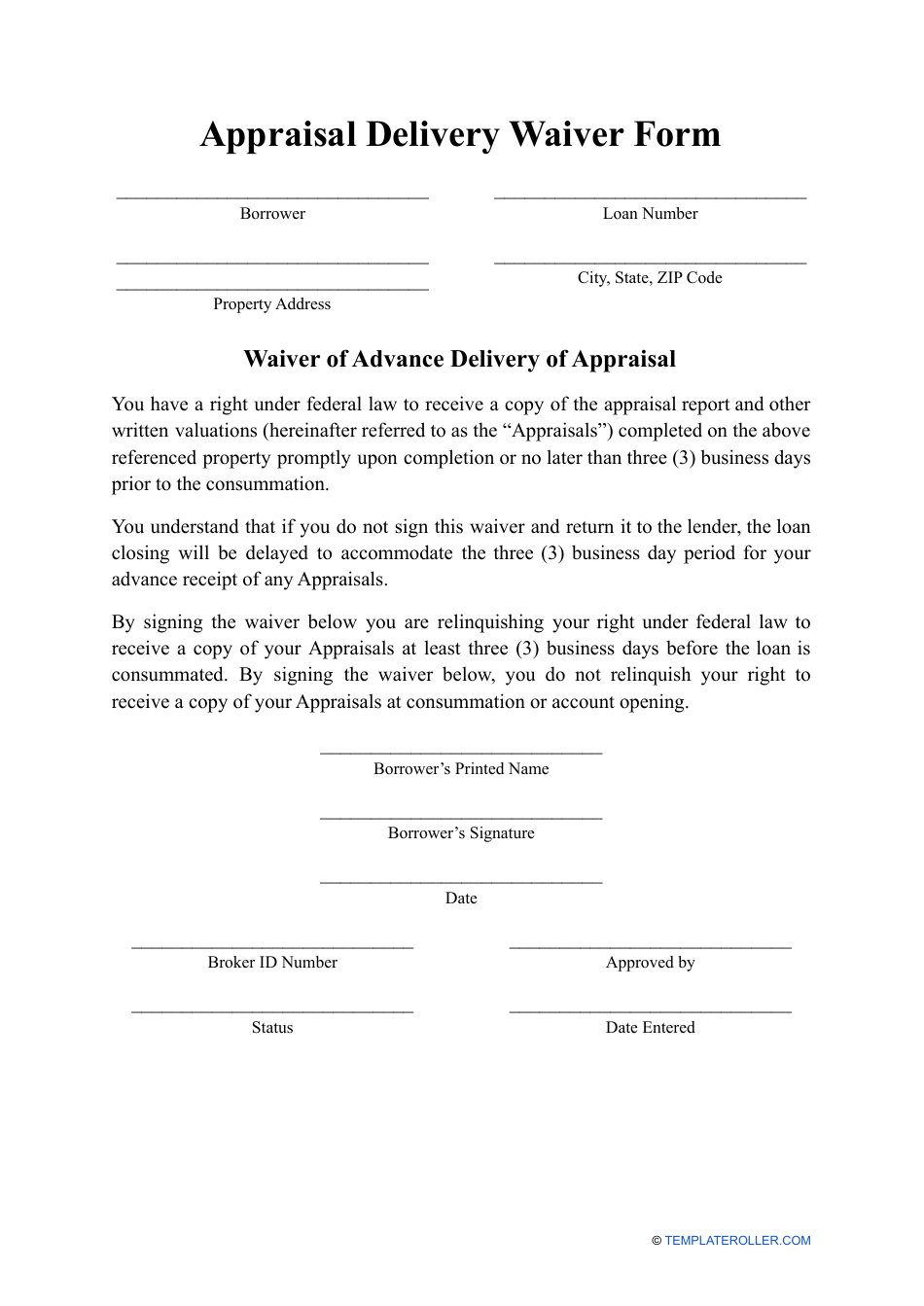 Appraisal Delivery Waiver Form, Page 1