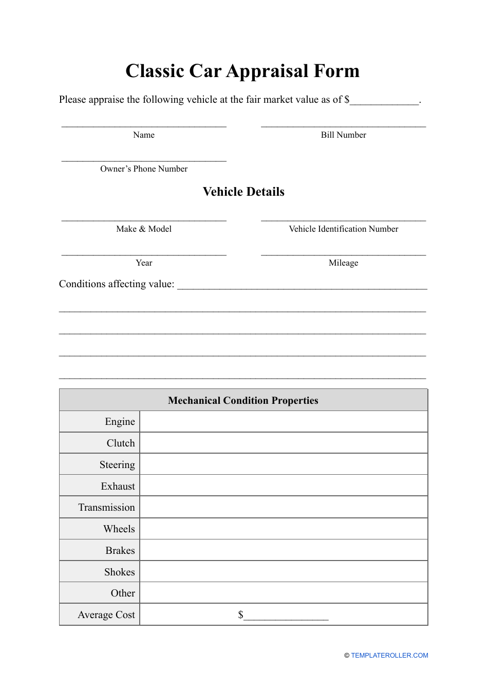 Classic Car Appraisal Form - Fill Out, Sign Online and Download PDF