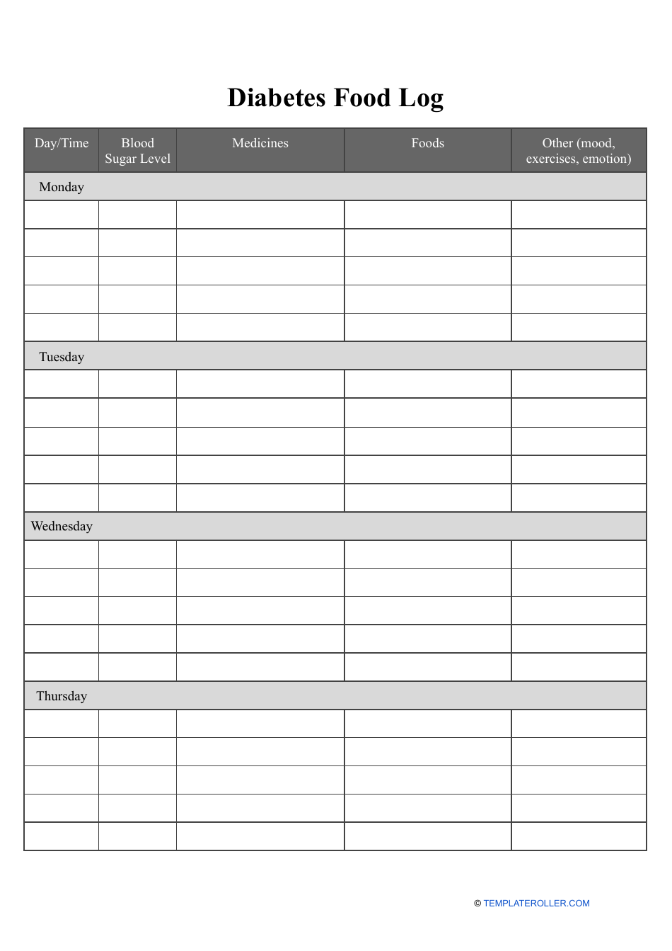 Diabetes Food Log Download Printable PDF | Templateroller