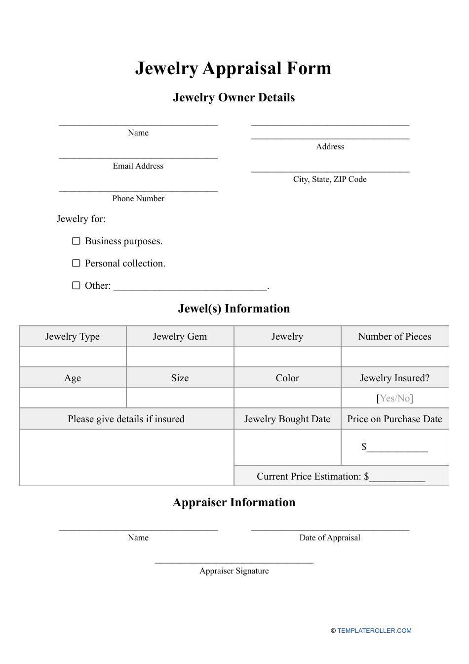Jewelry Appraisal Form Fill Out, Sign Online and Download PDF