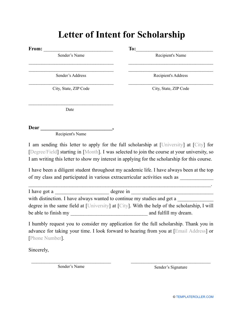 Sample Image of a Formal Letter of Intent for Scholarship - TemplateRoller.com
